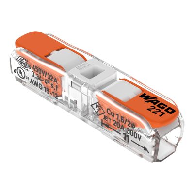 LEVER-NUTS® Inline splicing connector with lever; for all conductor types; 12 AWG (max.); 2-conductor; transparent housing; white cover: Bulk 2500