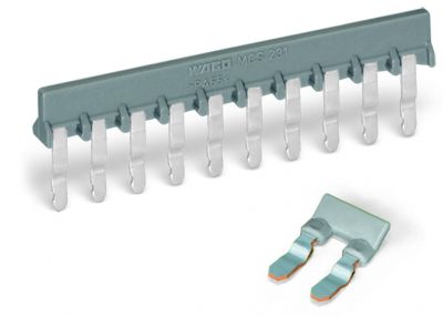 Comb-style jumper barfor 5 mm and 5.08 mm pin spacing reduces conductor size, gray